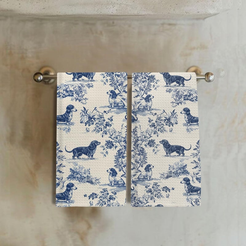 EKGJW Chinoiserie Dachshund Kitchen Towels, Dachshund Weiner Dog Lover Gifts Dish Tea Towels for Kitchen Decor, Grandmillennial Toile de Jouy Dog Hand Towels for Bathroom, 16x24 Inch Set of 2 - Image 3